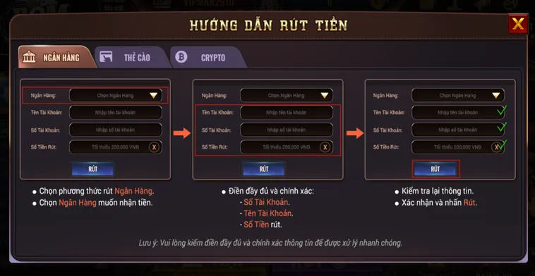 Hướng dẫn rút tiền qua tài khoản ngân hàng tại Bomwin.